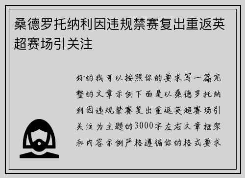 桑德罗托纳利因违规禁赛复出重返英超赛场引关注